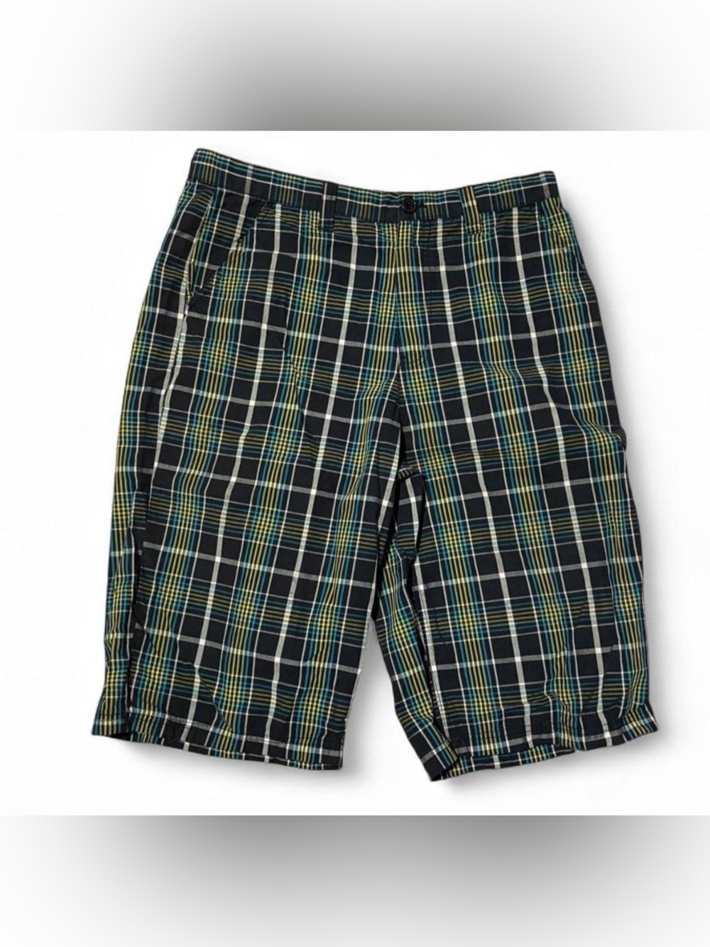 South Pole Black Plaid Men’s Shorts with Green and Yellow Accents